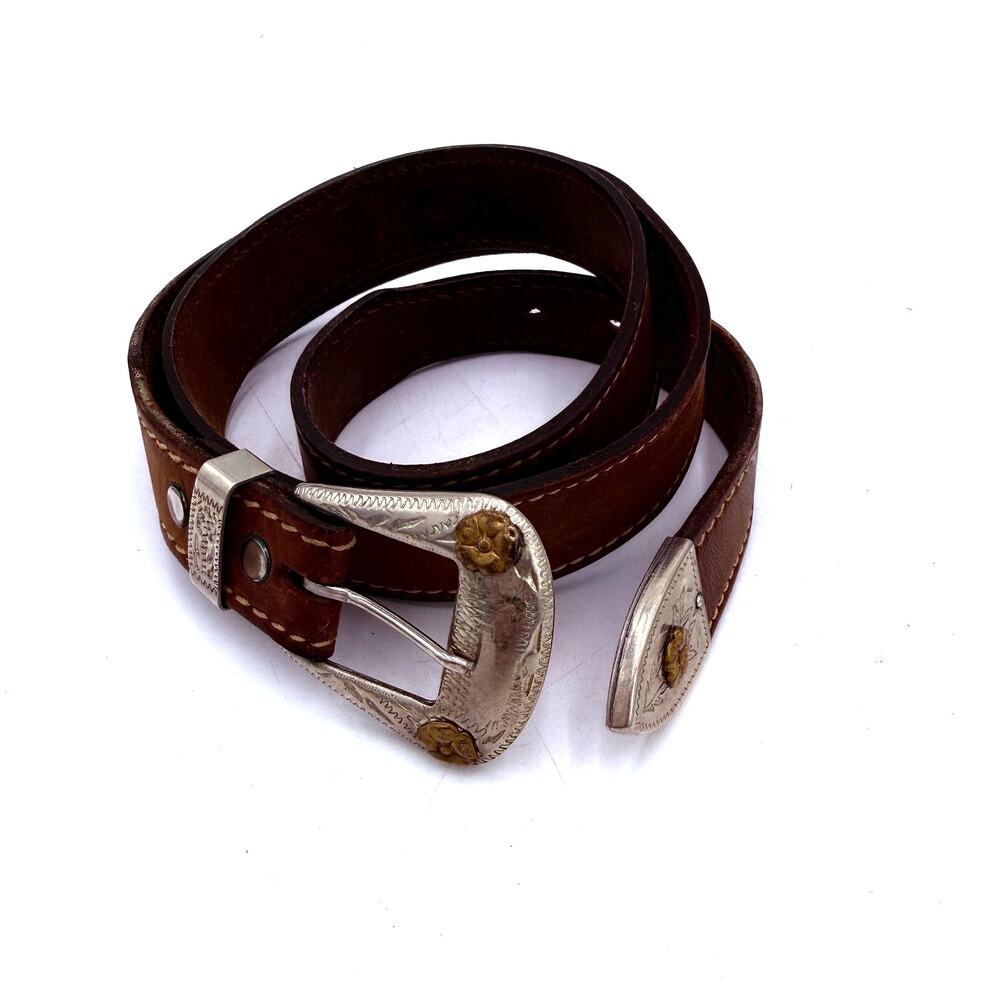 Vintage Western Leather Belt German Silver Tone Brass Floral Buckle Size 36